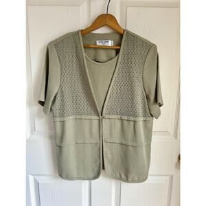 Vintage 90's Short Sleeve Sage Linen/Cotton Blend Blouse | Green Knit Blouse